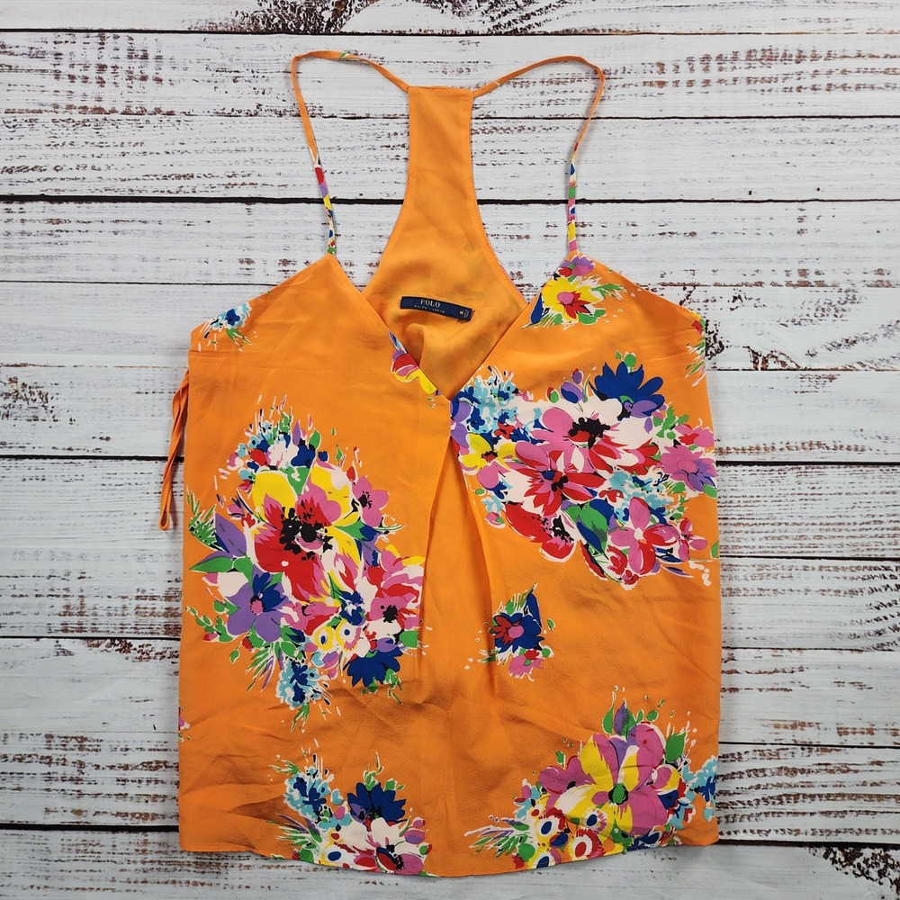 Polo Ralph Lauren‎ Silk Crepe Floral T-Back Tank Top Women's M Orange Lined